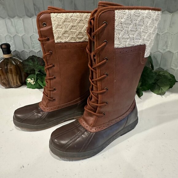 Brown & Cream Tall Lace-Up Boots Size 5.5/38 Womens Heila Man Made/Textile Upper - Picture 1 of 12